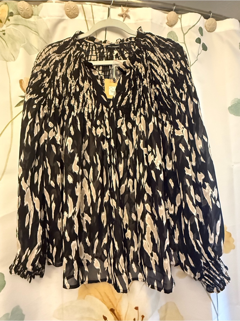 Blu Pepper Black and Cream Smocked Printed Blouse